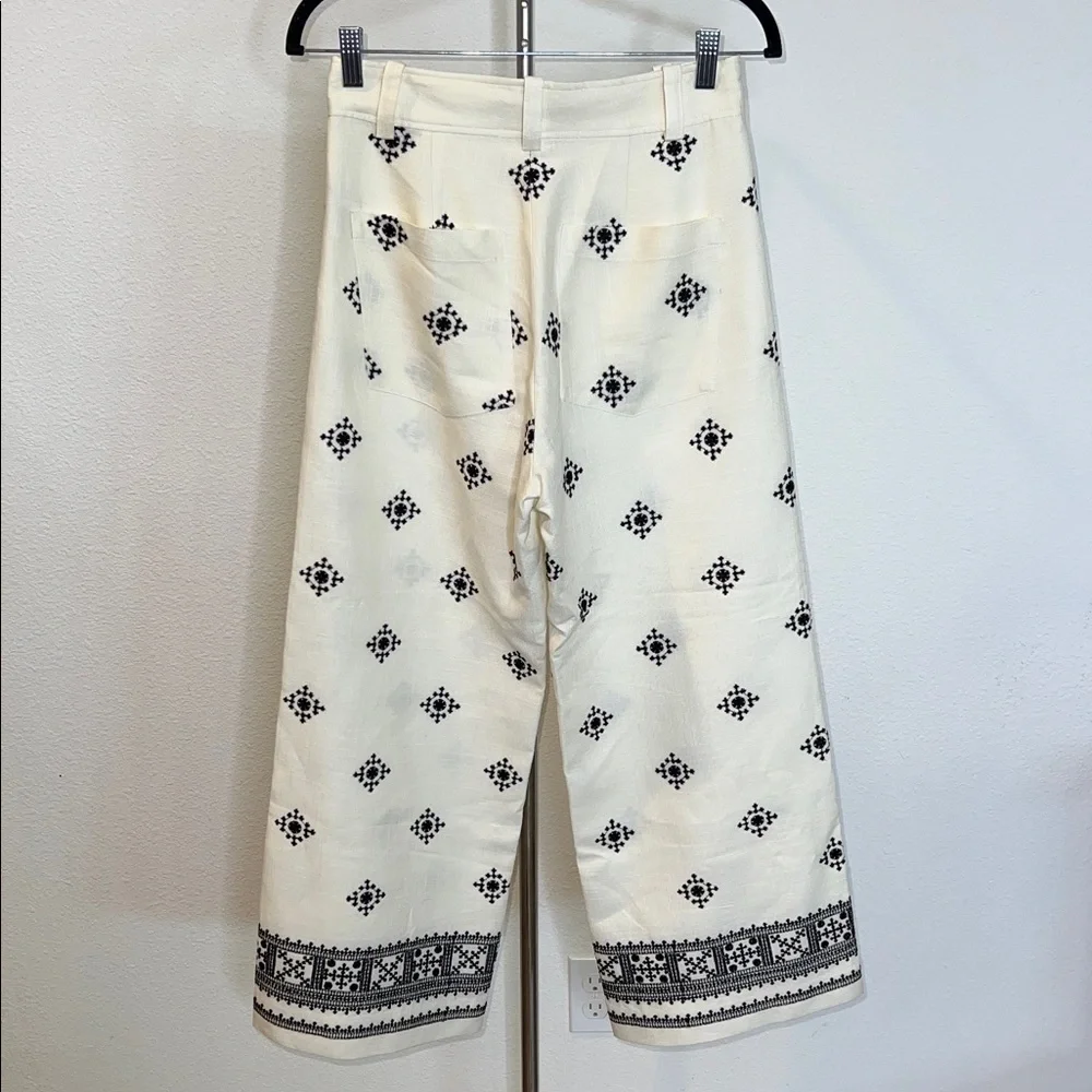 Zara Embroidered Linen Blend Culotte Crop Pants